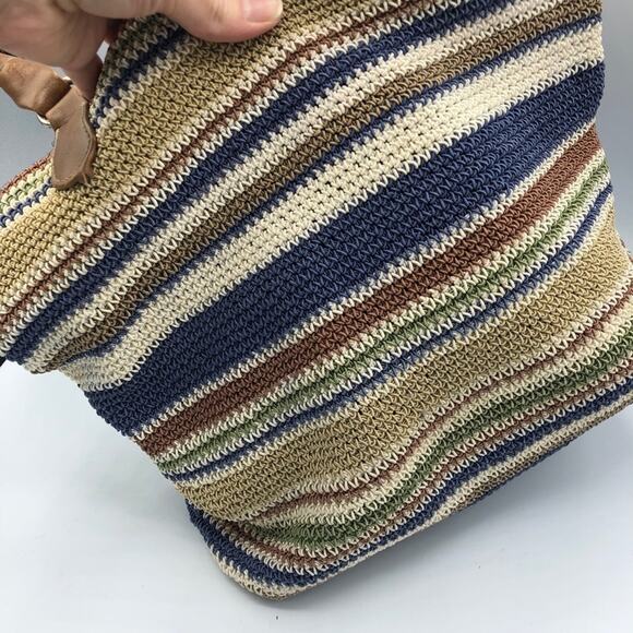 Blue & Tan Woven Shoulder Handbag Faux Leather Straps Beachy Hobo Boho Bag - Picture 2 of 8